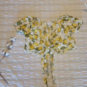 Lemon Print Crop Top with Front Tie